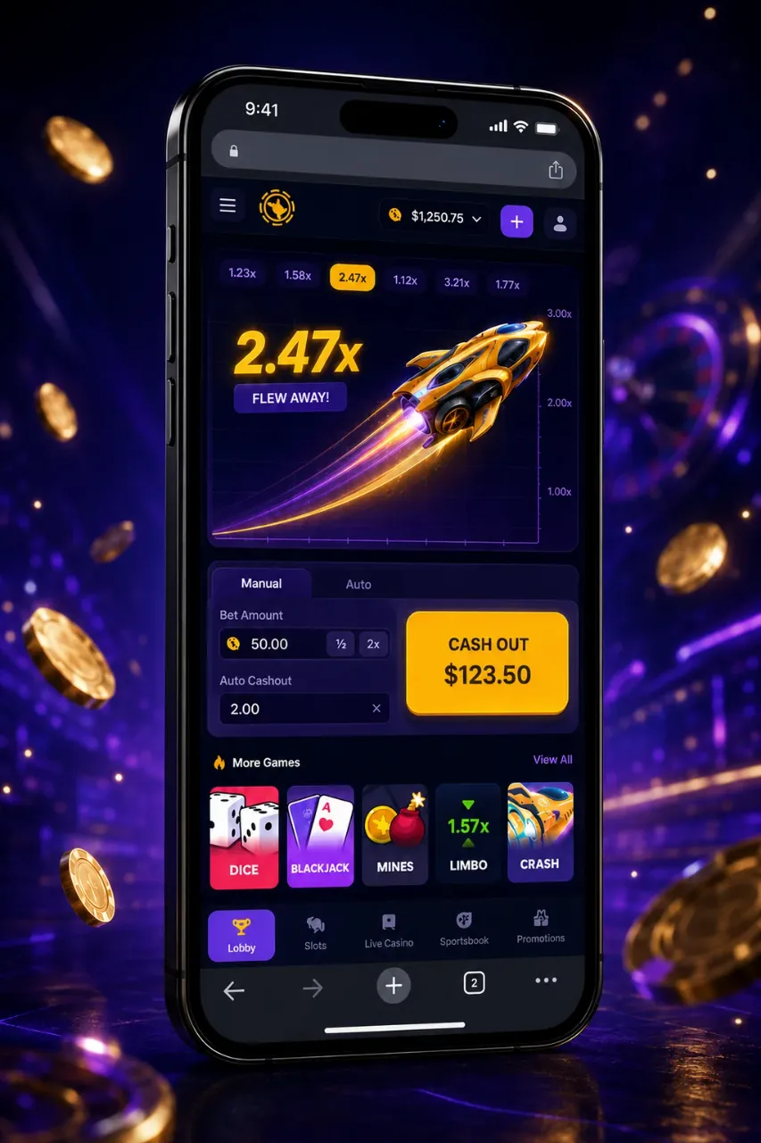 Mobile phone showing casino game on browser
