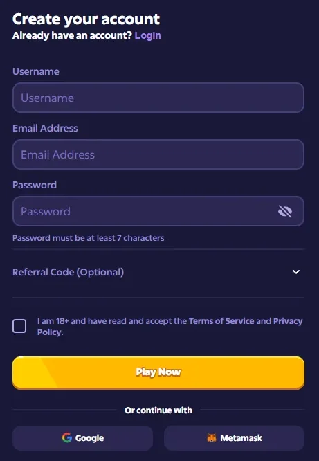 Online casino registration form fields on screen